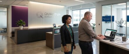 Two professionals engaging in discussion at Quantum Surgical's modern office reception area.