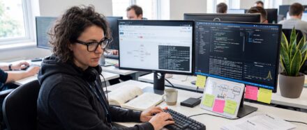 A data engineer working on multiple screens, analyzing data with sticky notes on her desk.