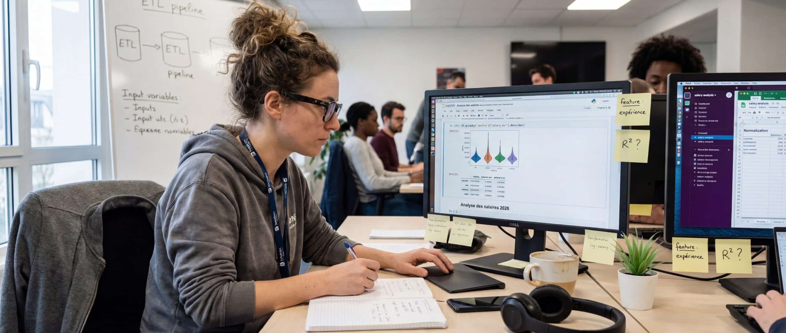 A data scientist working on data analyses on a computer screen, surrounded by colleagues in a modern office.