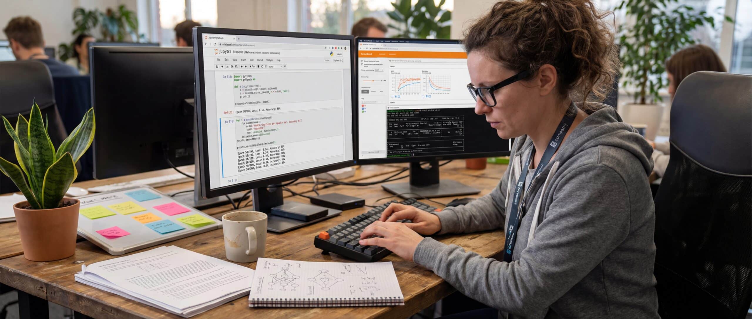 Woman working on a computer in a modern office, focused on AI-related data.