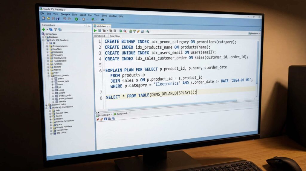 Screen displaying source code on a development environment with SQL queries.
