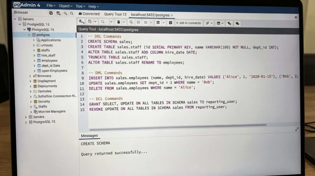 Computer screen displaying SQL code with a database management window.