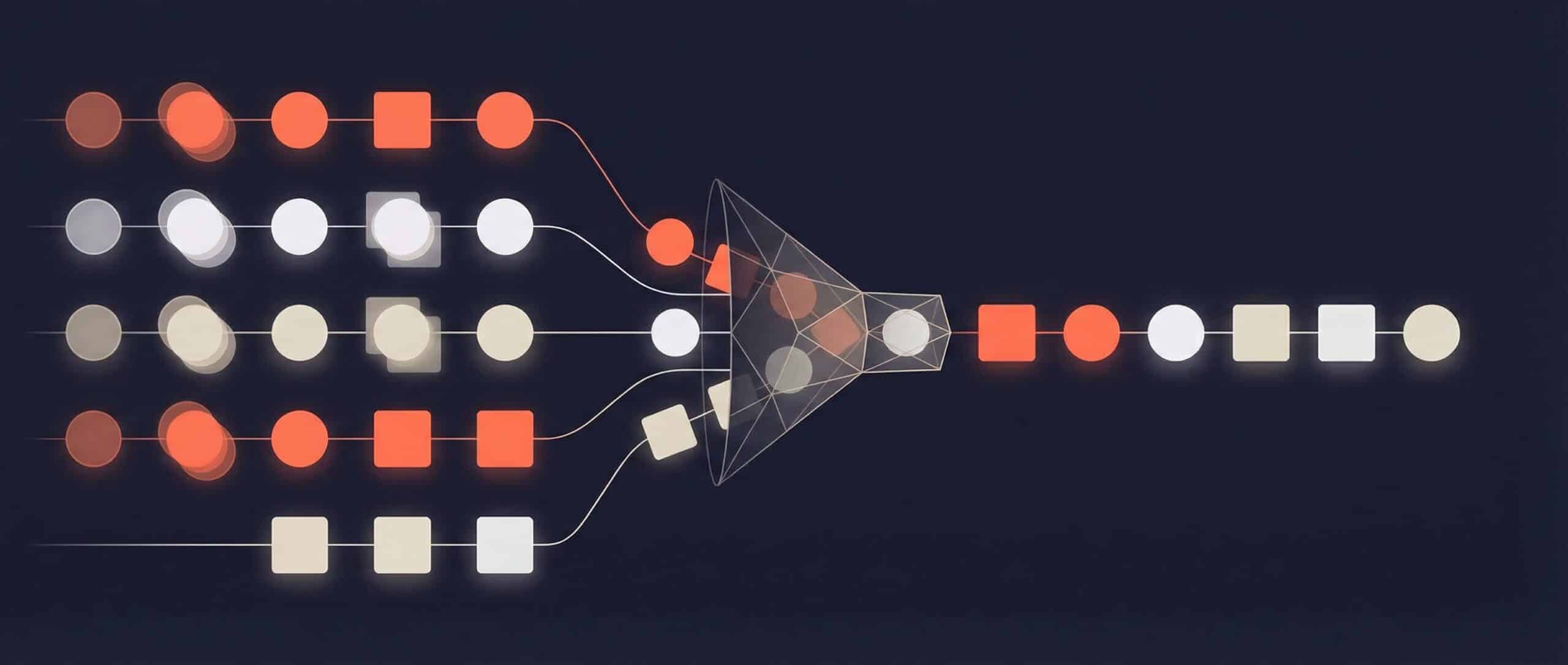 Diagram illustrating how the SQL DISTINCT query works, showing a funnel that filters for unique data.