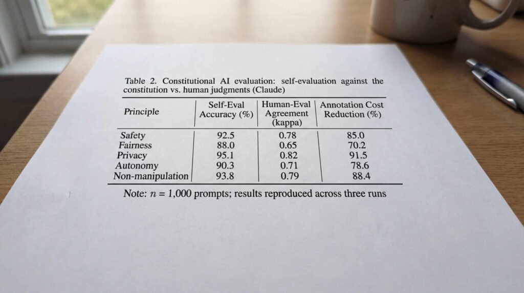 Comparison table of human evaluations and the results of automated systems, presenting principles such as accuracy and transparency.
