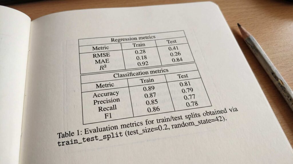 Table of evaluation metrics for machine learning models, including RMSE, MAE, precision and recall.
