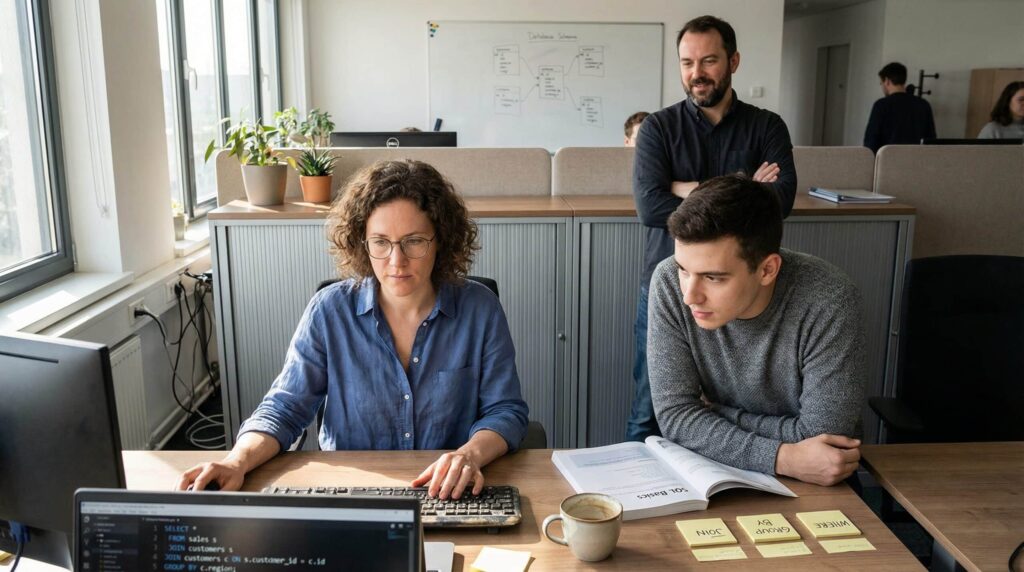 Three colleagues working together on a project, with a computer and sticky notes on the desk.