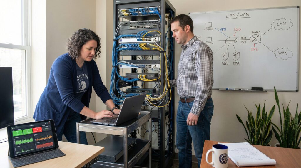 Two technicians working on a server in an office with networking equipment and a whiteboard.