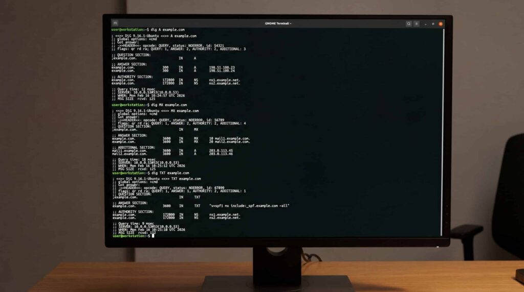 Computer screen showing the use of the dig command to analyze a domain's DNS records.
