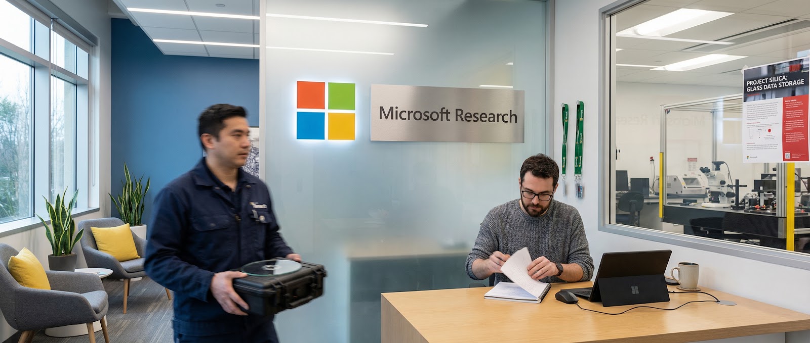 Two researchers at Microsoft Research, one holding a device and the other reviewing documents, in a modern office setting.