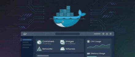 Illustration showing the Docker interface with a container and a performance chart.
