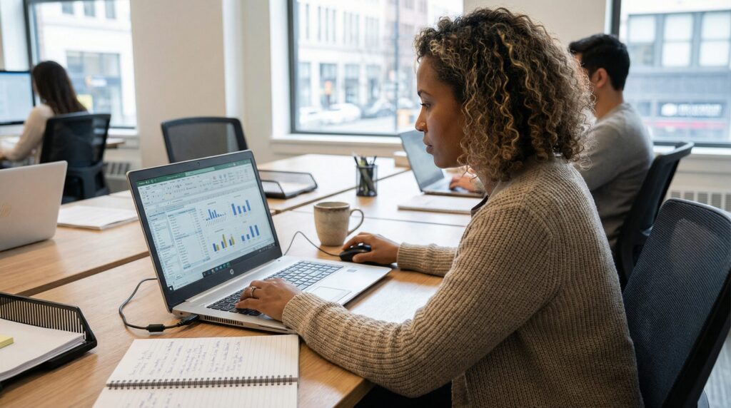 Woman working on a laptop, analyzing data with charts on the screen in a modern office.
