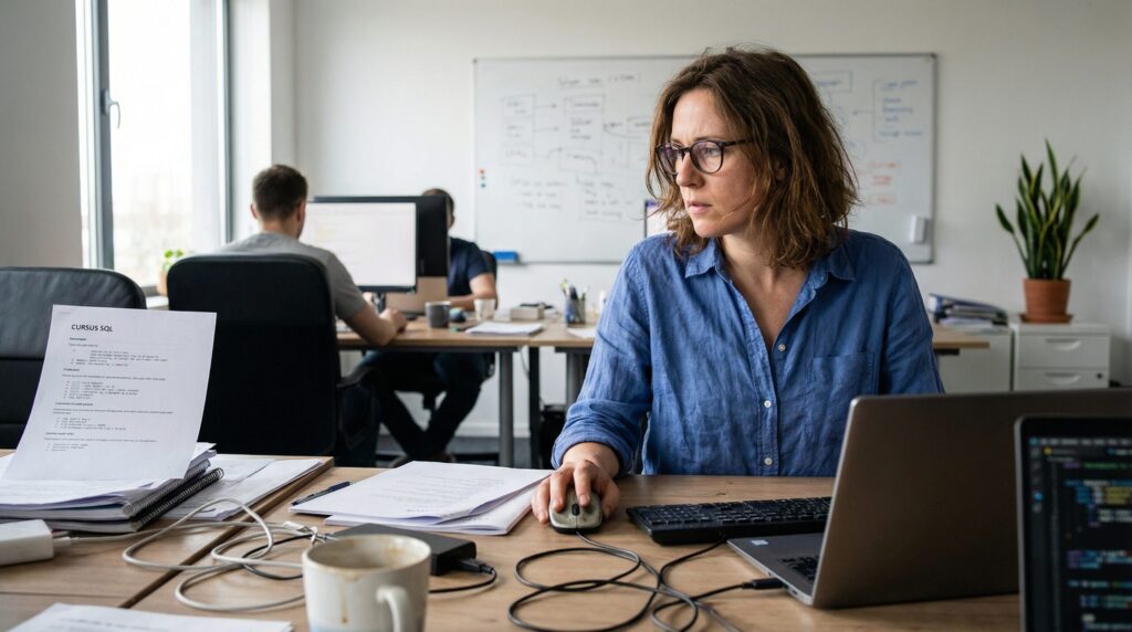 Woman working on a computer in a modern office, surrounded by documents and office equipment.