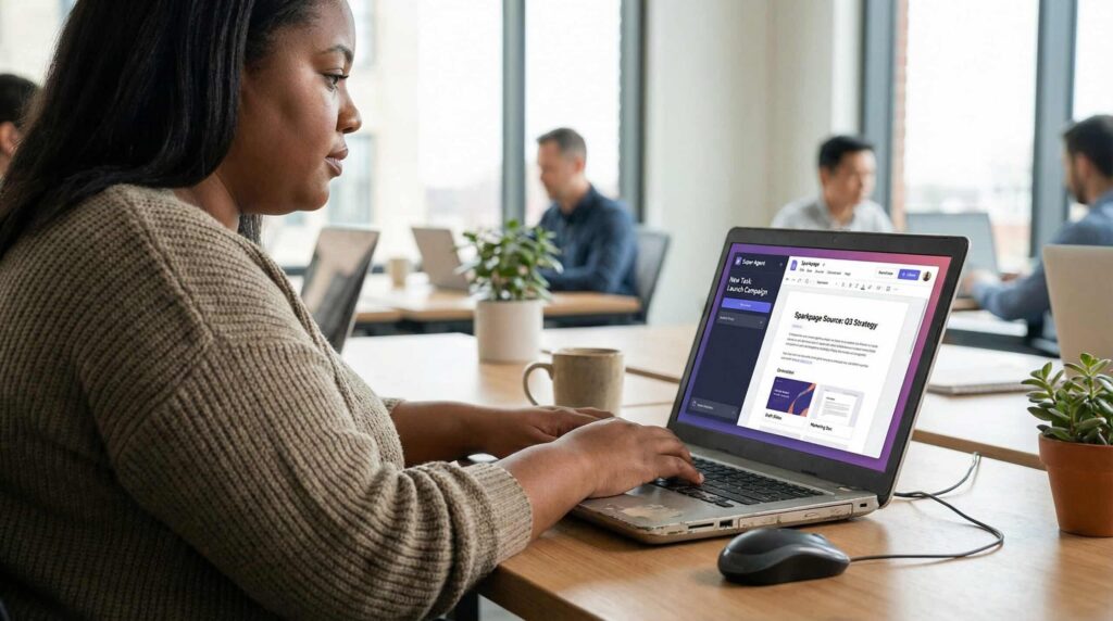 A woman working on a laptop in a modern office, surrounded by colleagues.