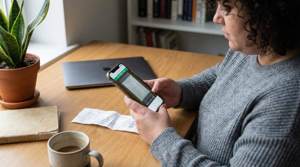 A woman checks her smartphone while seated at a desk with a cup of coffee and documents.