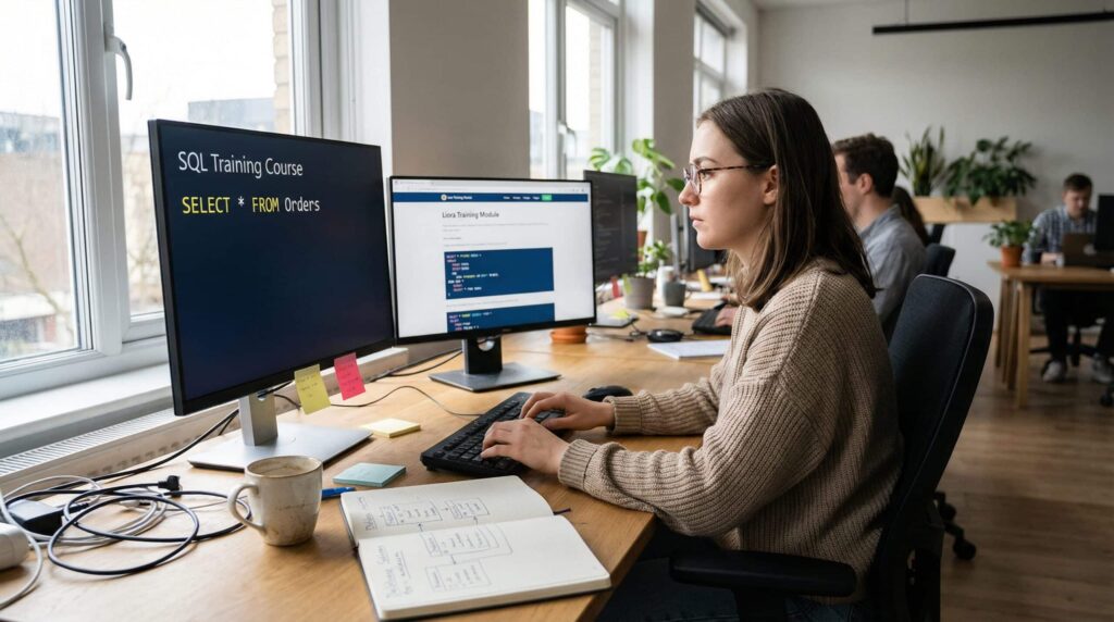 A woman working on a computer in a bright office, with screens displaying training information.