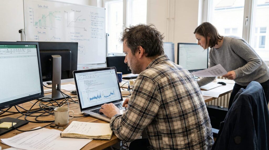 Two team members working on computers and documents in an office, analyzing data.
