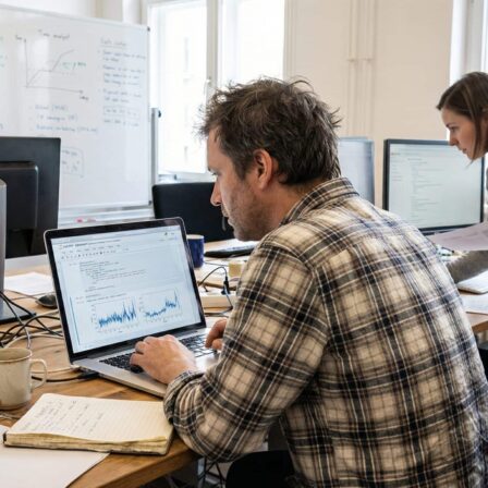 Two team members working on computers and documents in an office, analyzing data.