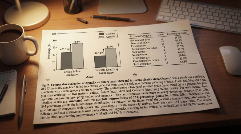 Research report displaying bar graphs and data analysis on systematic AI agent debugging.