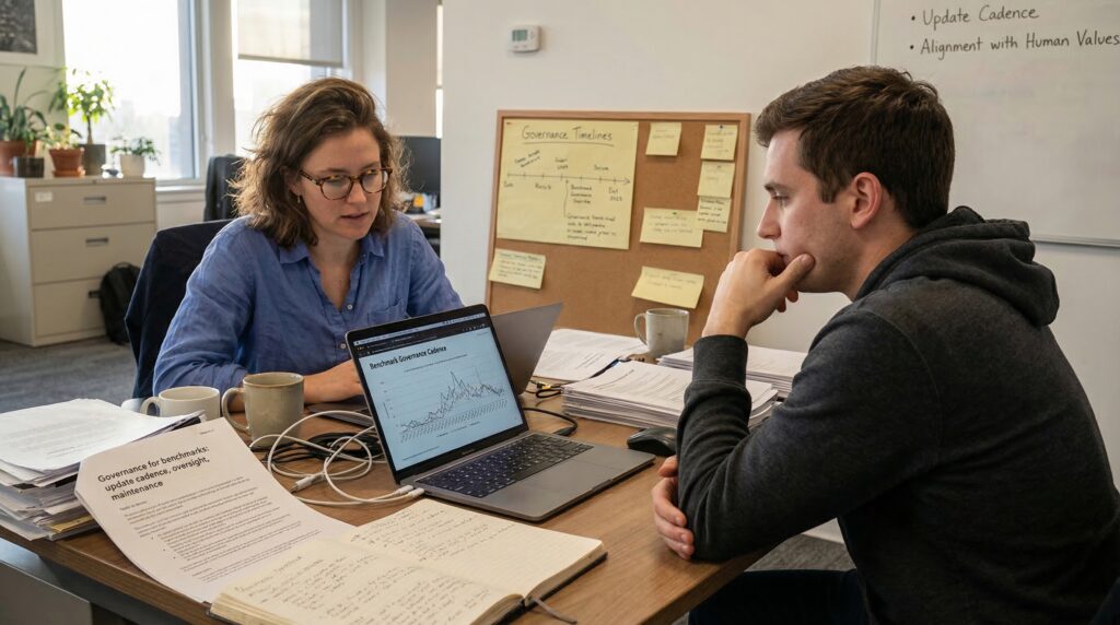 Two people engaged in a discussion over research data, analyzing graphs on a laptop and surrounded by notes.