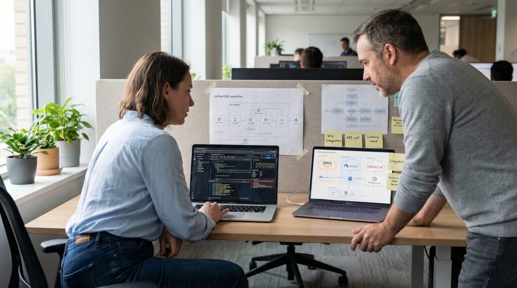 Two colleagues discussing a project while working on their laptops in a modern office environment.