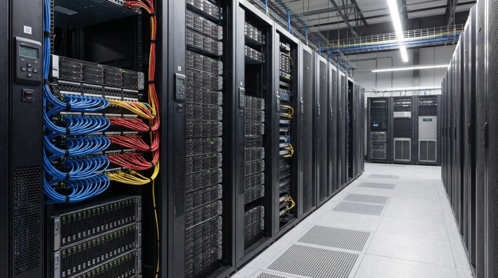 View of a modern data center with rows of servers and colorful networking cables.