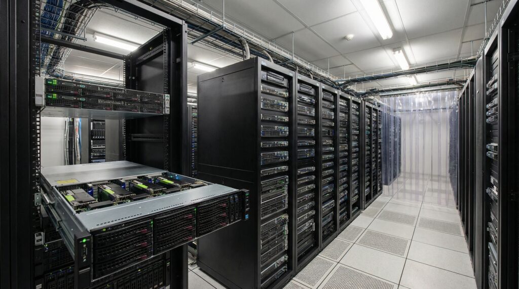 Interior view of a data center showcasing rows of servers and storage units.