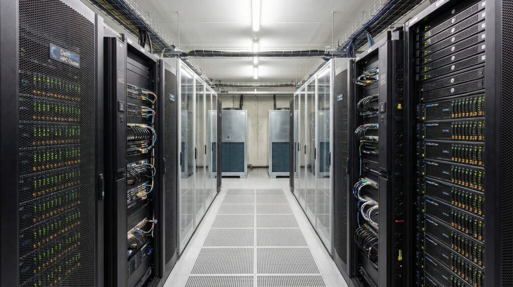 Interior view of a data center showing rows of servers with network cables and cooling equipment.
