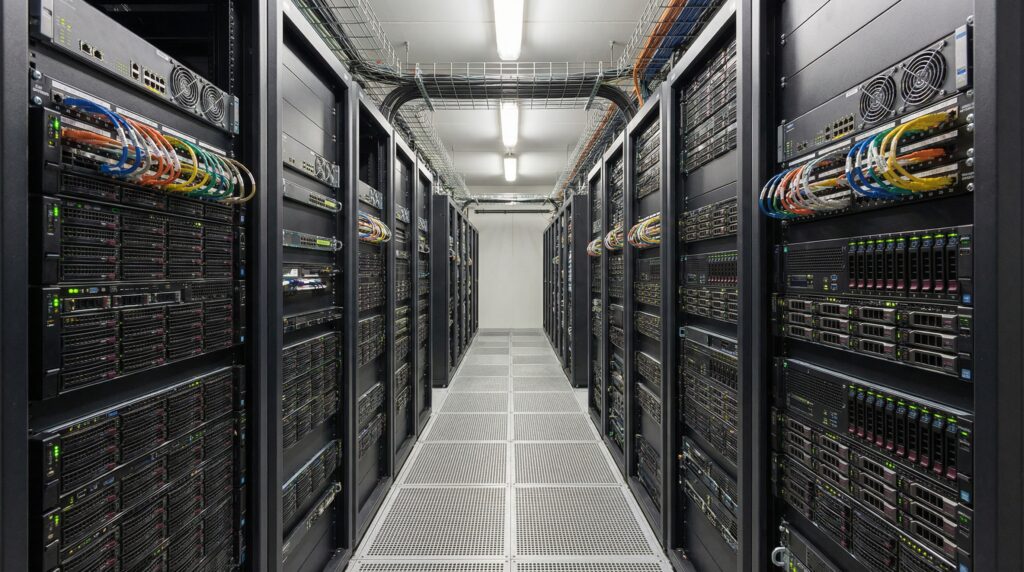 Interior view of a data center with rows of servers and network cables.