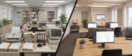 Split image showcasing two office environments: one cluttered with paperwork and old computers, and the other modern with sleek desks and digital displays.