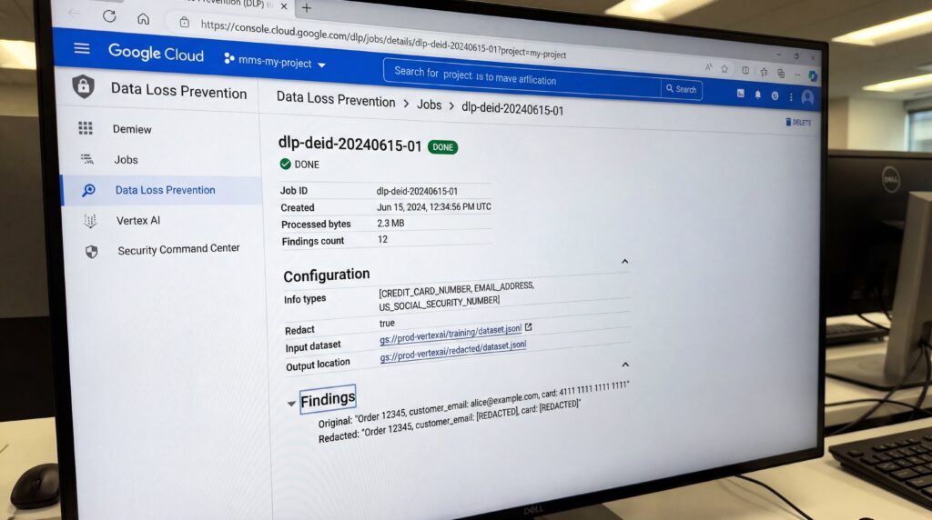 Screenshot of the Google Cloud AI dashboard displaying Data Loss Prevention configuration settings.