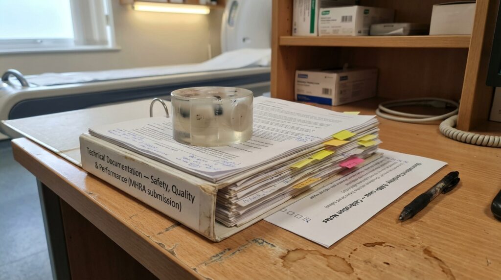 A cluttered hospital desk with medical records, sticky notes, and a glass of water, indicating ongoing patient care.