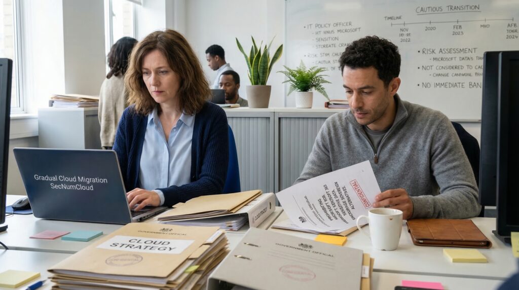 Two professionals engaged in a digital strategy discussion at their office, with paperwork and a laptop on the table.