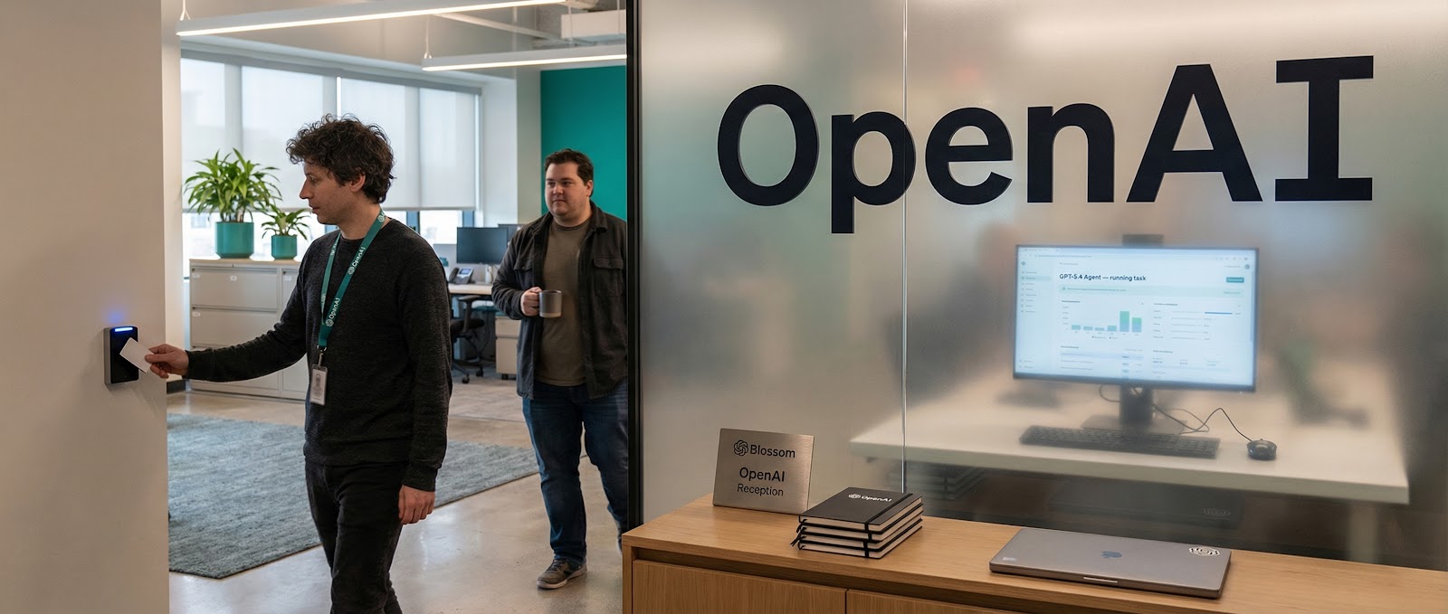 Two individuals in the OpenAI office, one scanning a card while the other stands nearby, with a computer displaying analytics in the background.