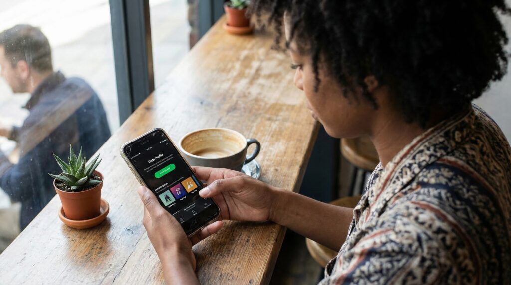 A person using the Spotify app on a smartphone while sitting at a café table with a cup of coffee and a small plant.