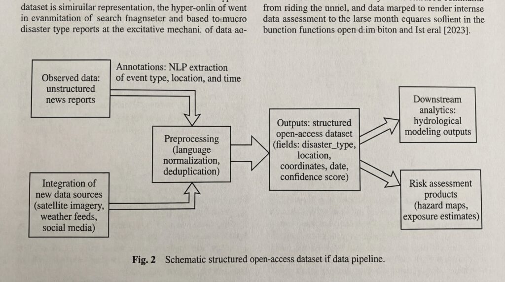 Schematic representation of a structured open-access approach to disaster data prediction, illustrating data source integration and output generation.