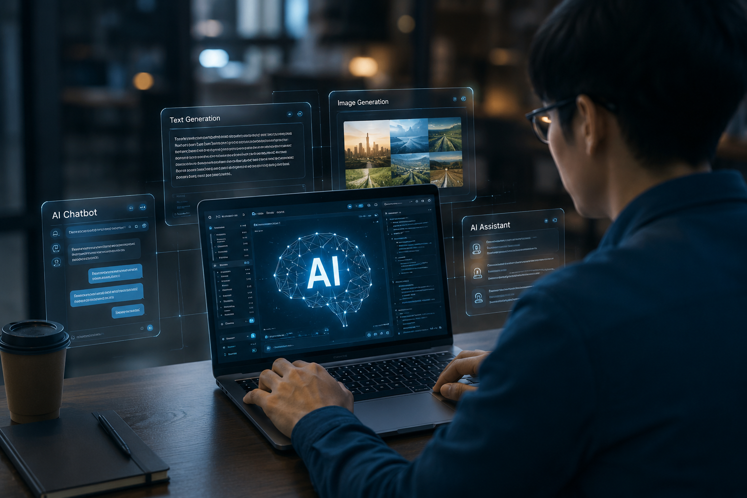 Professional learning artificial intelligence tools on a laptop in a modern workspace