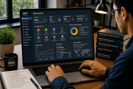 Professional studying AWS cloud services and infrastructure in a modern workspace