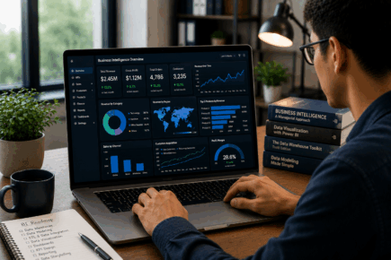 Professional analyzing business intelligence dashboards and company performance data