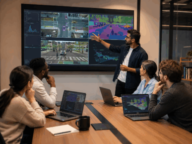 Instructor teaching computer vision and image recognition in a modern training room