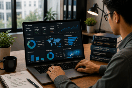 Data analyst working with business dashboards and performance metrics on a laptop
