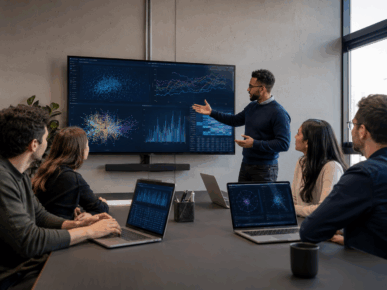 Data science instructor presenting analytics and visualizations to a small group