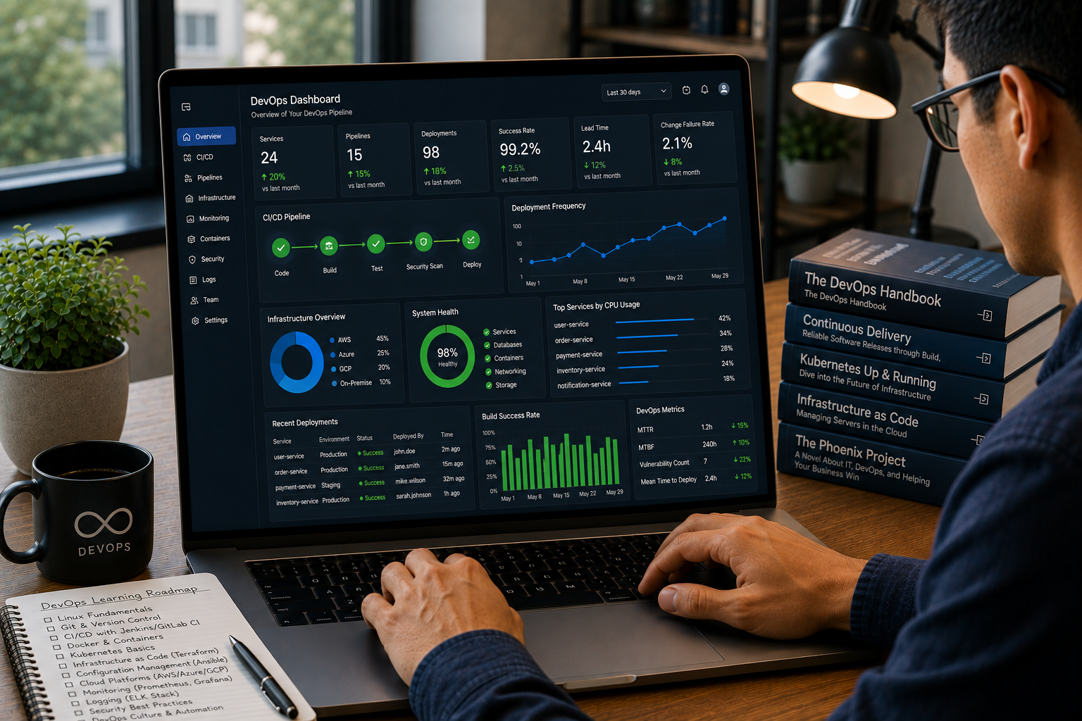 Professional studying DevOps pipelines, deployments and infrastructure monitoring
