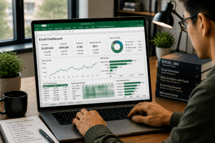 Professional learning Excel with spreadsheets, charts and a sales dashboard