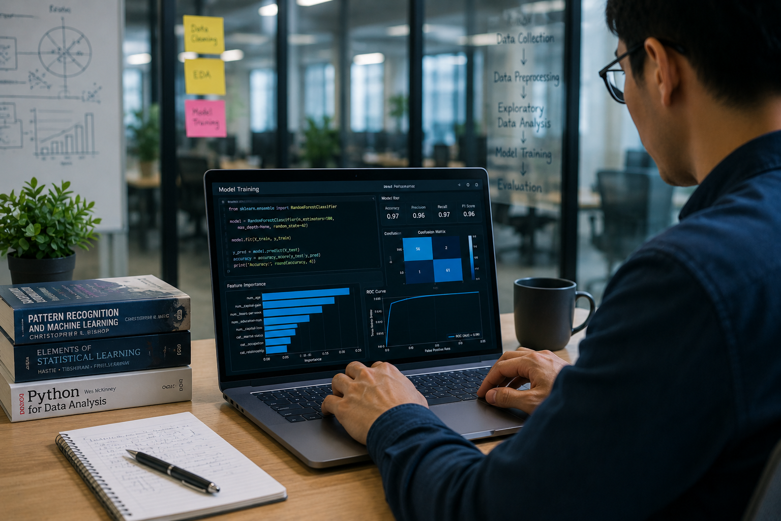 Professional training a machine learning model on a laptop in a modern office