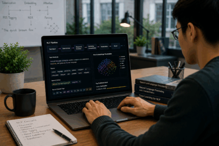 Professional studying natural language processing and text analysis on a laptop