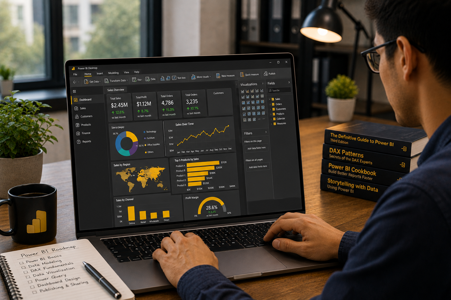 Professional learning Power BI with an interactive sales dashboard on a laptop