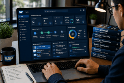 Professional studying SAP S4HANA modules and certification courses on a laptop