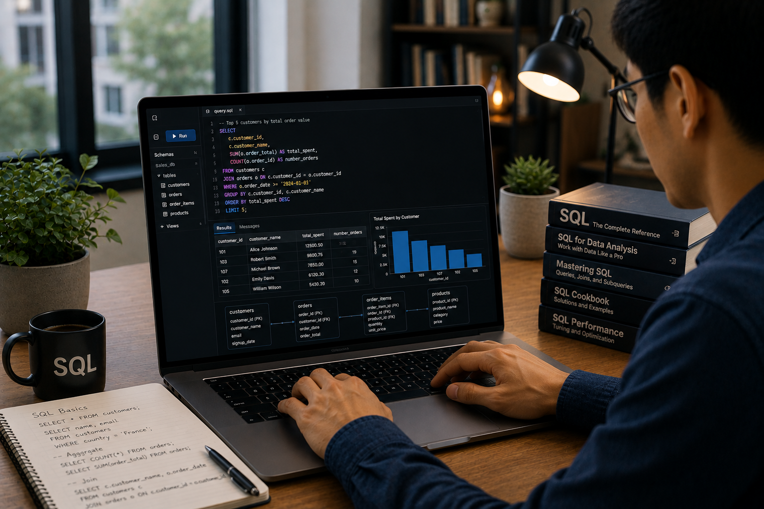 Professional practicing SQL queries and database analysis on a laptop